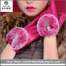 Ladies Good Quality hot pink leather dress gloves with rabbit fur cuff